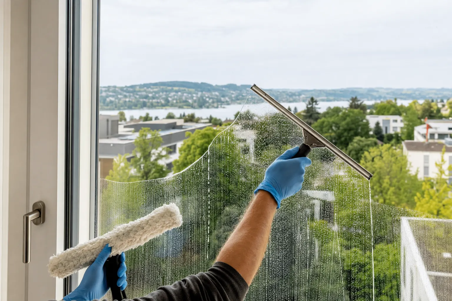 Fensterreinigung mit Abzieher an einem grossen Fenster