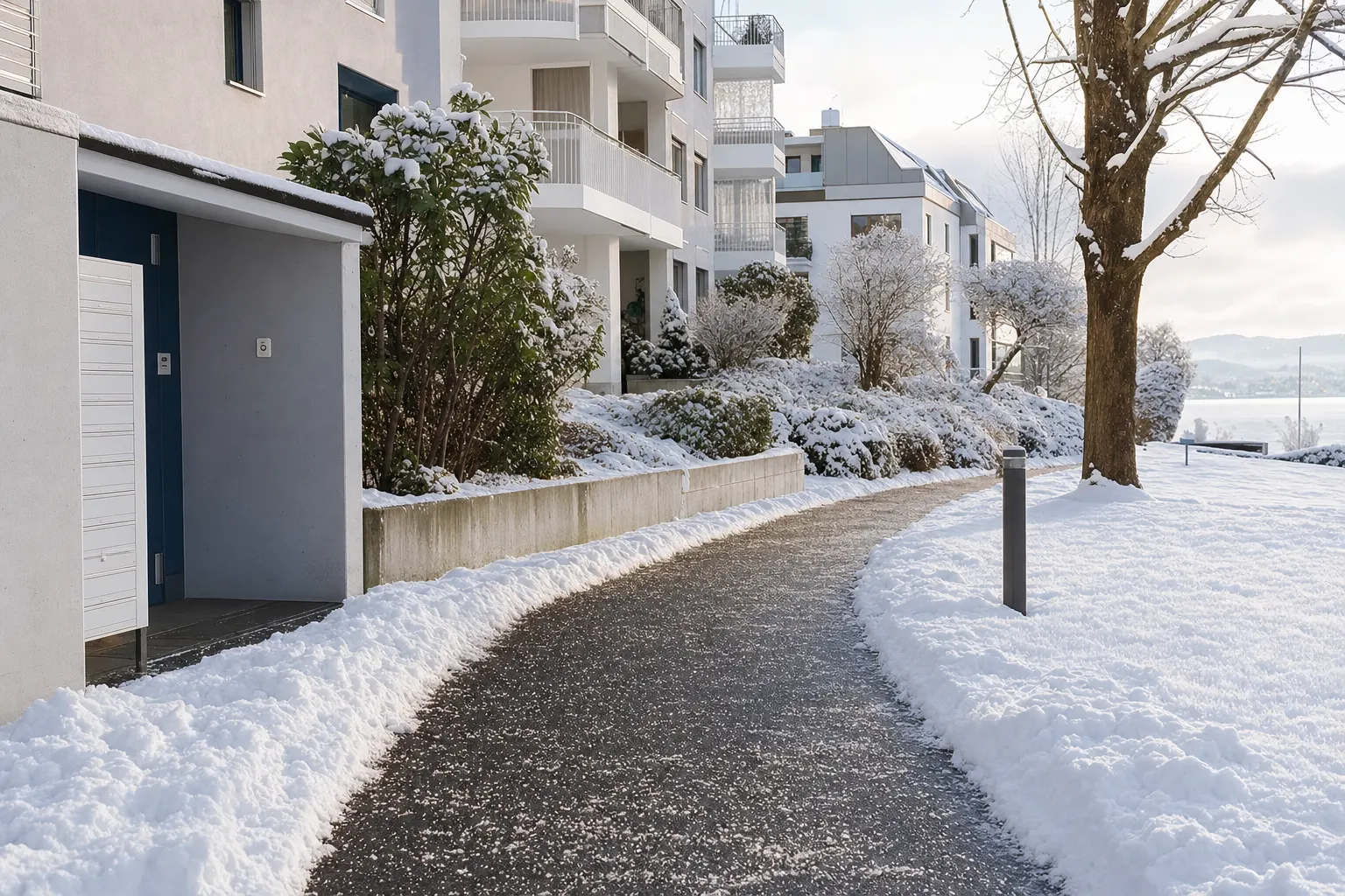 Frisch geräumter und gesalzener Weg vor einem Mehrfamilienhaus