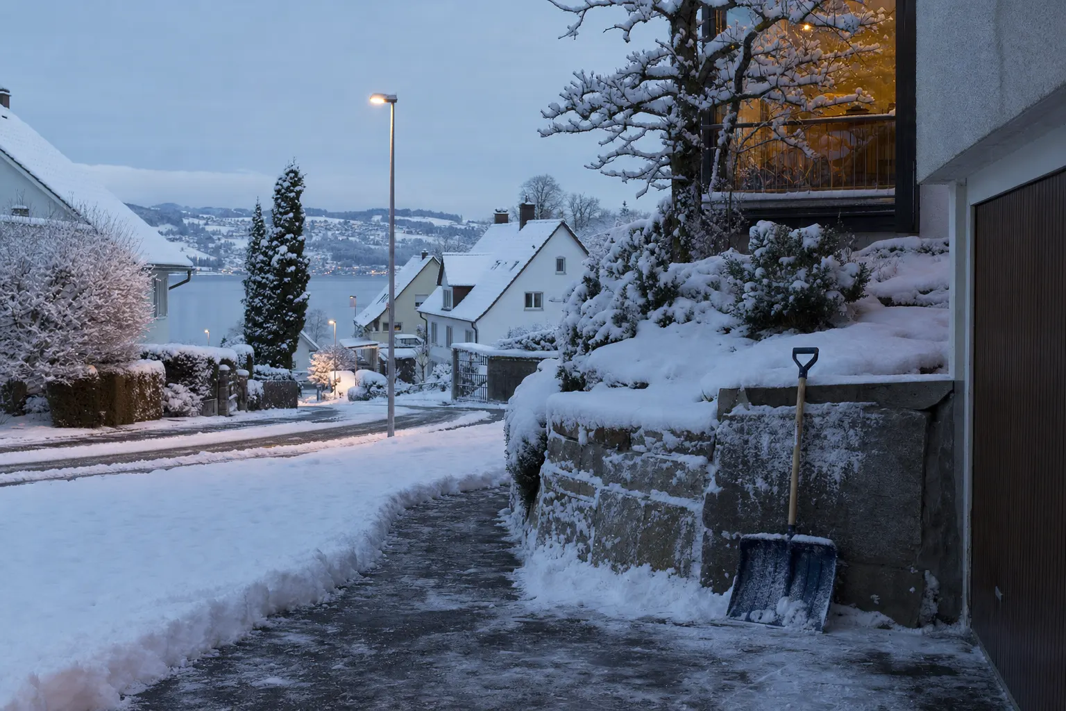 Verschneite Strasse mit Laternen am frühen Morgen